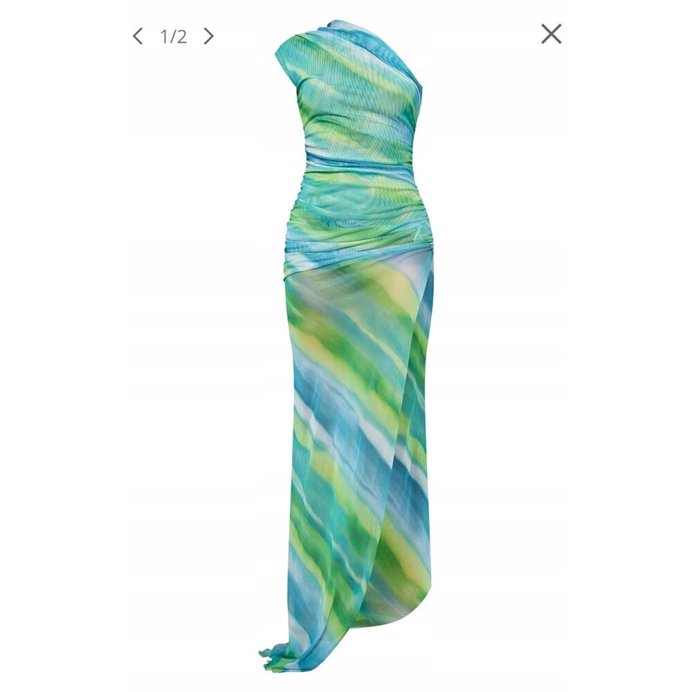 PrettyLittleThing Blue Green Mesh One Shoulder Ruched Maxi Dress US 4 Vacation - Picture 2 of 7